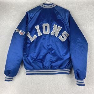 Vintage Detroit Lions Jacket Mens Sz L Blue Chalk Line NFL Satin Spellout *READ*